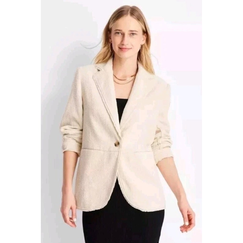 Future Collective Blazer Cream Textured Raw Hem One Button Women's Size XXS Chic